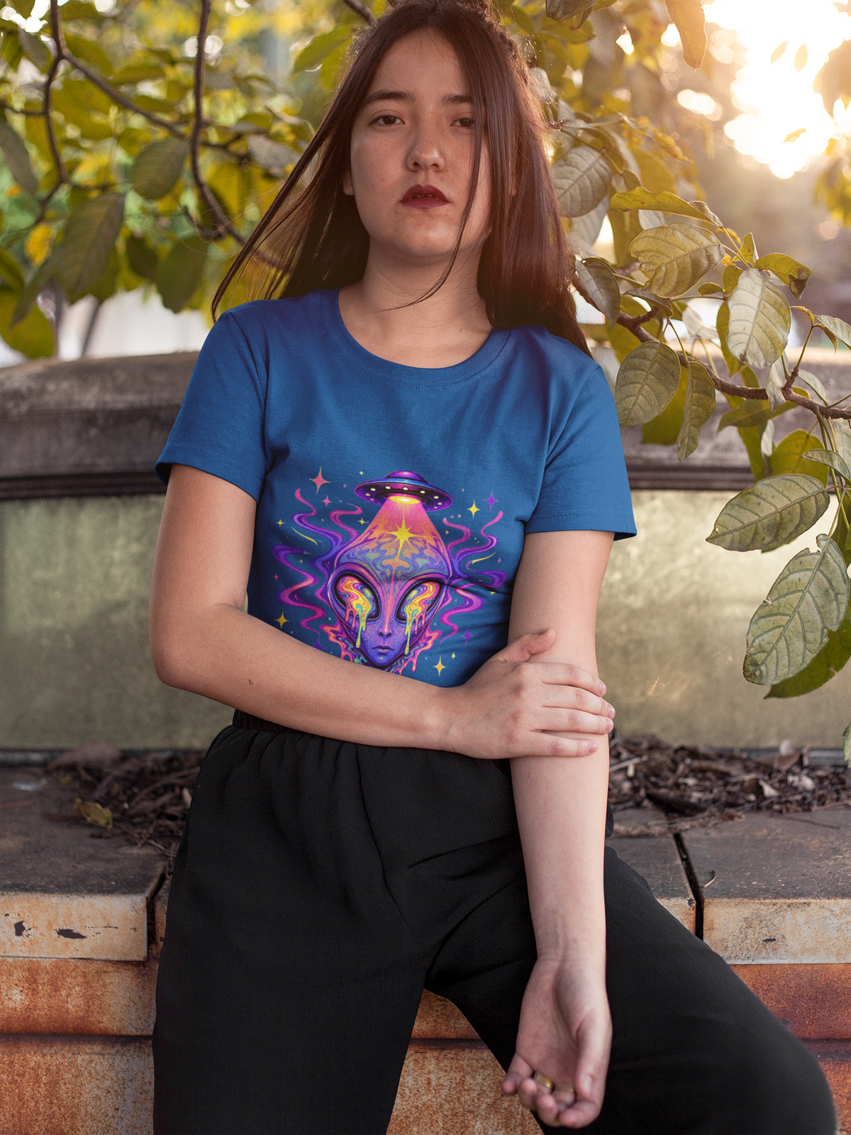 Psychedelic Alien UFO T-Shirt — Royal Trippy Cosmic Face Graphic Tee