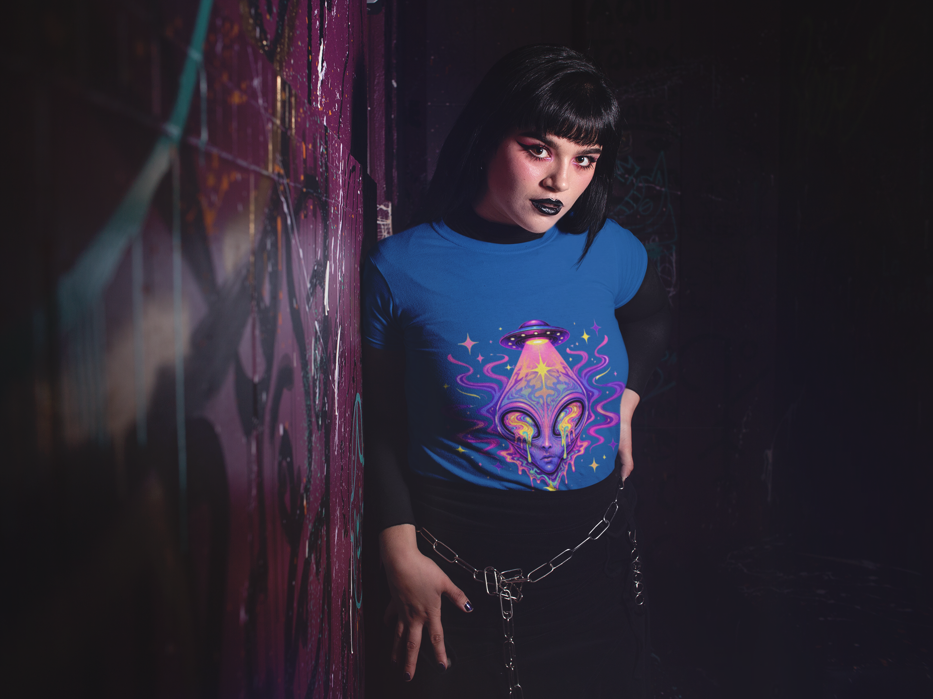 Psychedelic Alien UFO T-Shirt — Royal Trippy Cosmic Face Graphic Tee