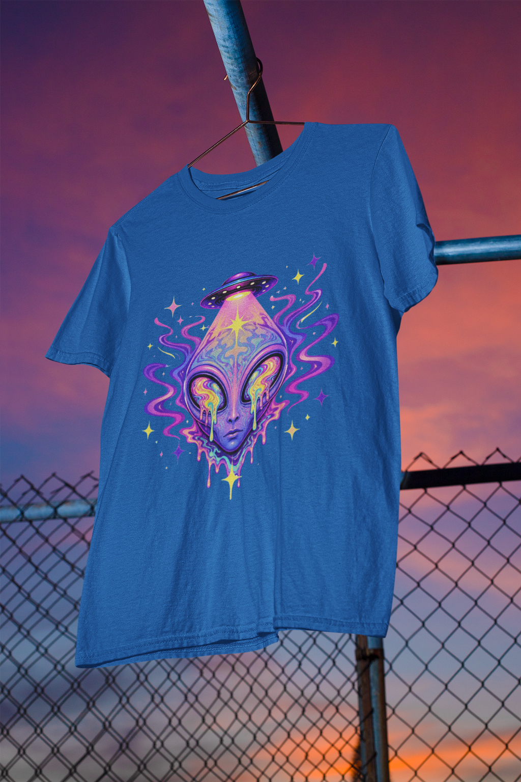 Psychedelic Alien UFO T-Shirt — Royal Trippy Cosmic Face Graphic Tee