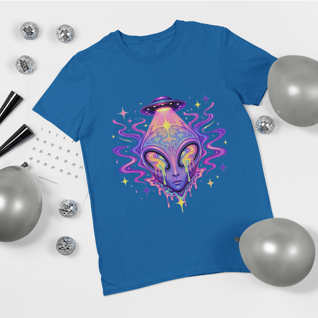 Psychedelic Alien UFO T-Shirt — Royal Trippy Cosmic Face Graphic Tee