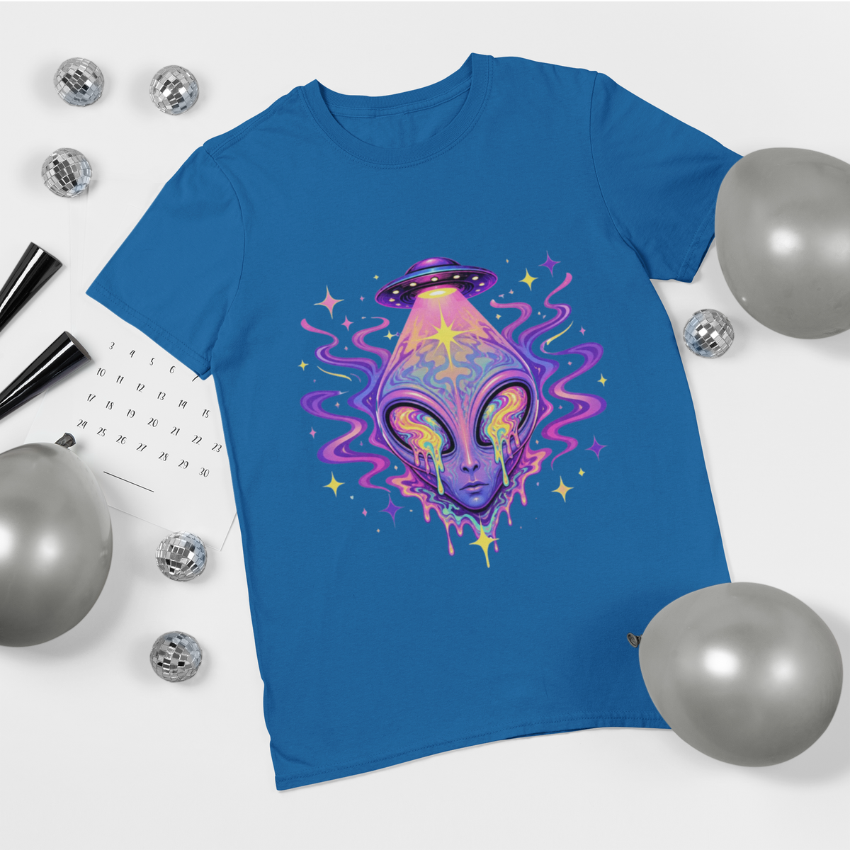 Psychedelic Alien UFO T-Shirt — Royal Trippy Cosmic Face Graphic Tee