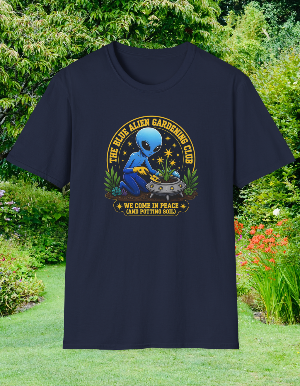 The Blue Alien Gardening Club T‑Shirt — Gardening Alien Design