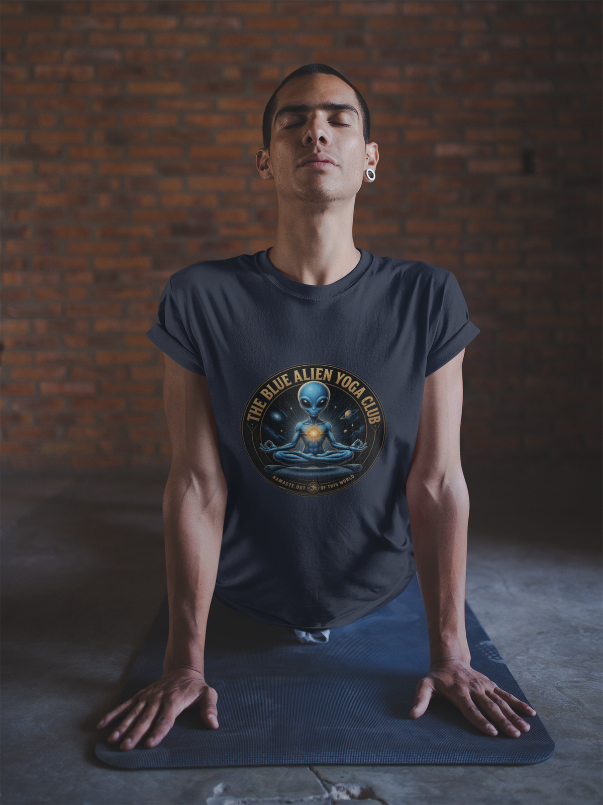 The Blue Alien Yoga Club T-Shirt — Cosmic Meditation Graphic Tee