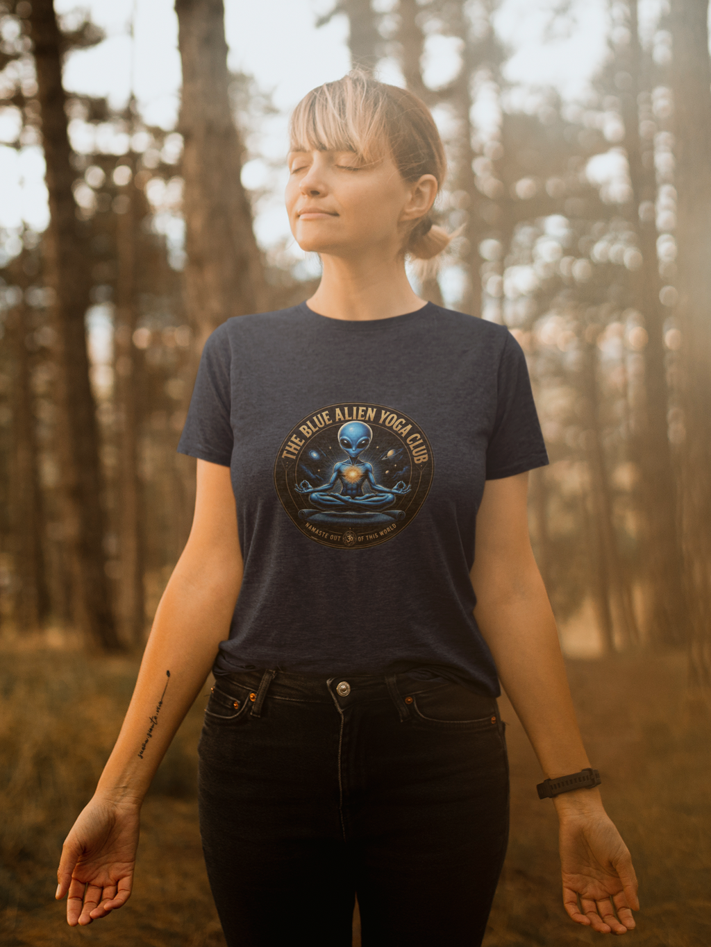 The Blue Alien Yoga Club T-Shirt — Cosmic Meditation Graphic Tee