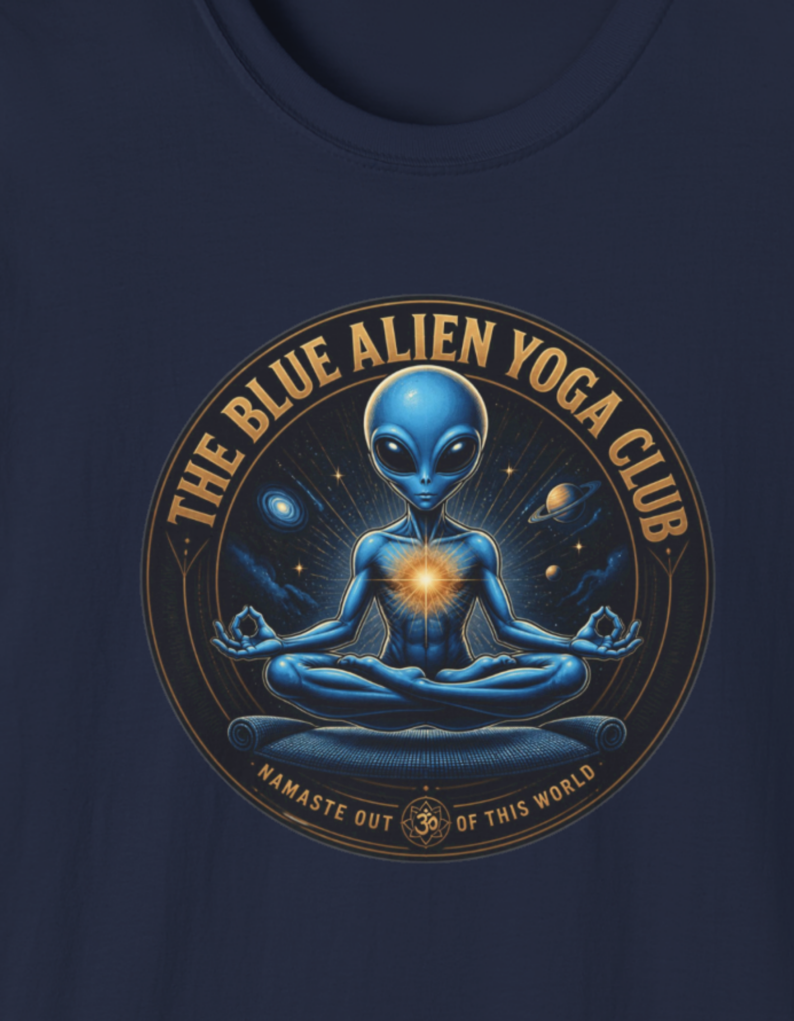 The Blue Alien Yoga Club T-Shirt — Cosmic Meditation Graphic Tee