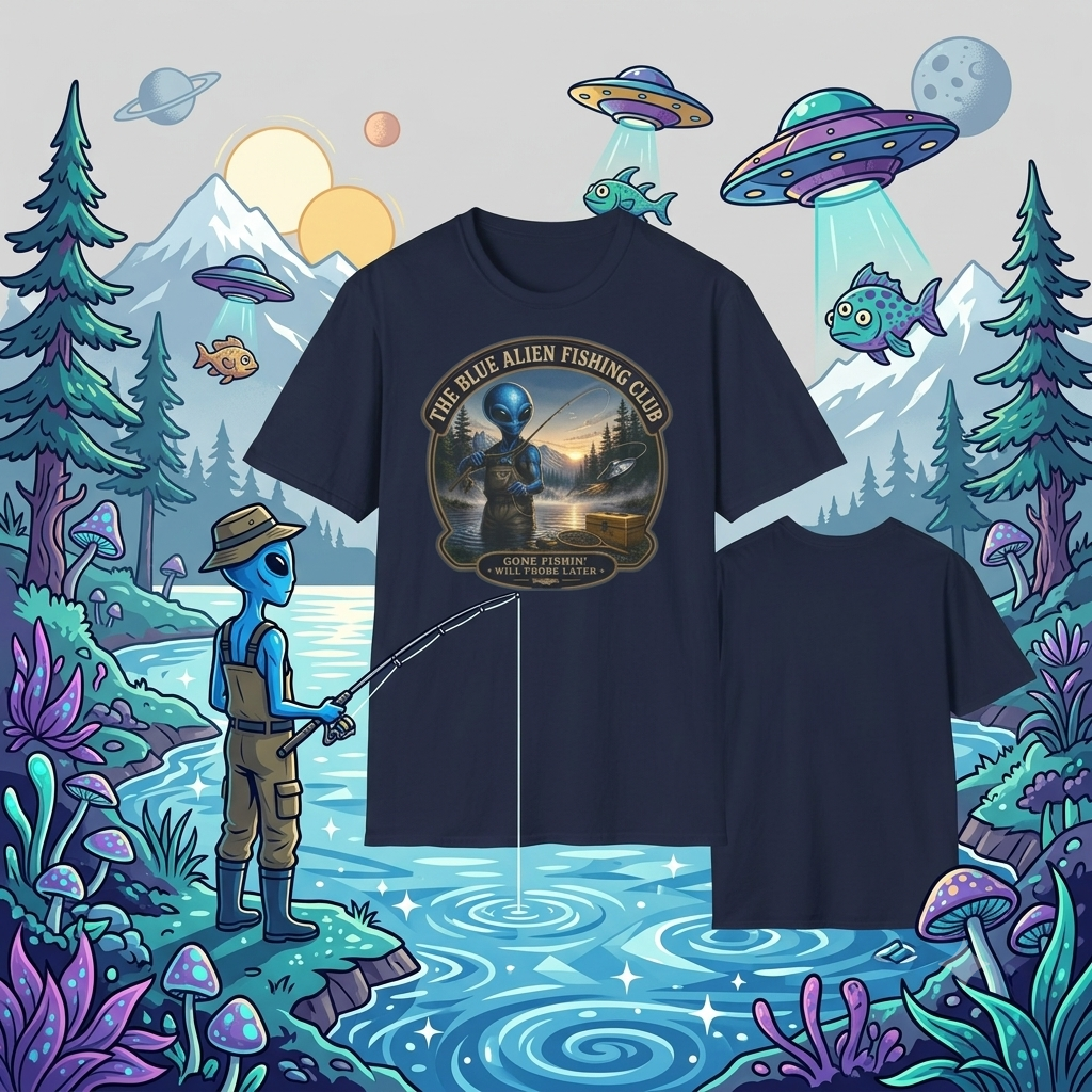 Blue Alien Fishing Club T-Shirt – Retro Sci‑Fi Fishing Graphic Tee