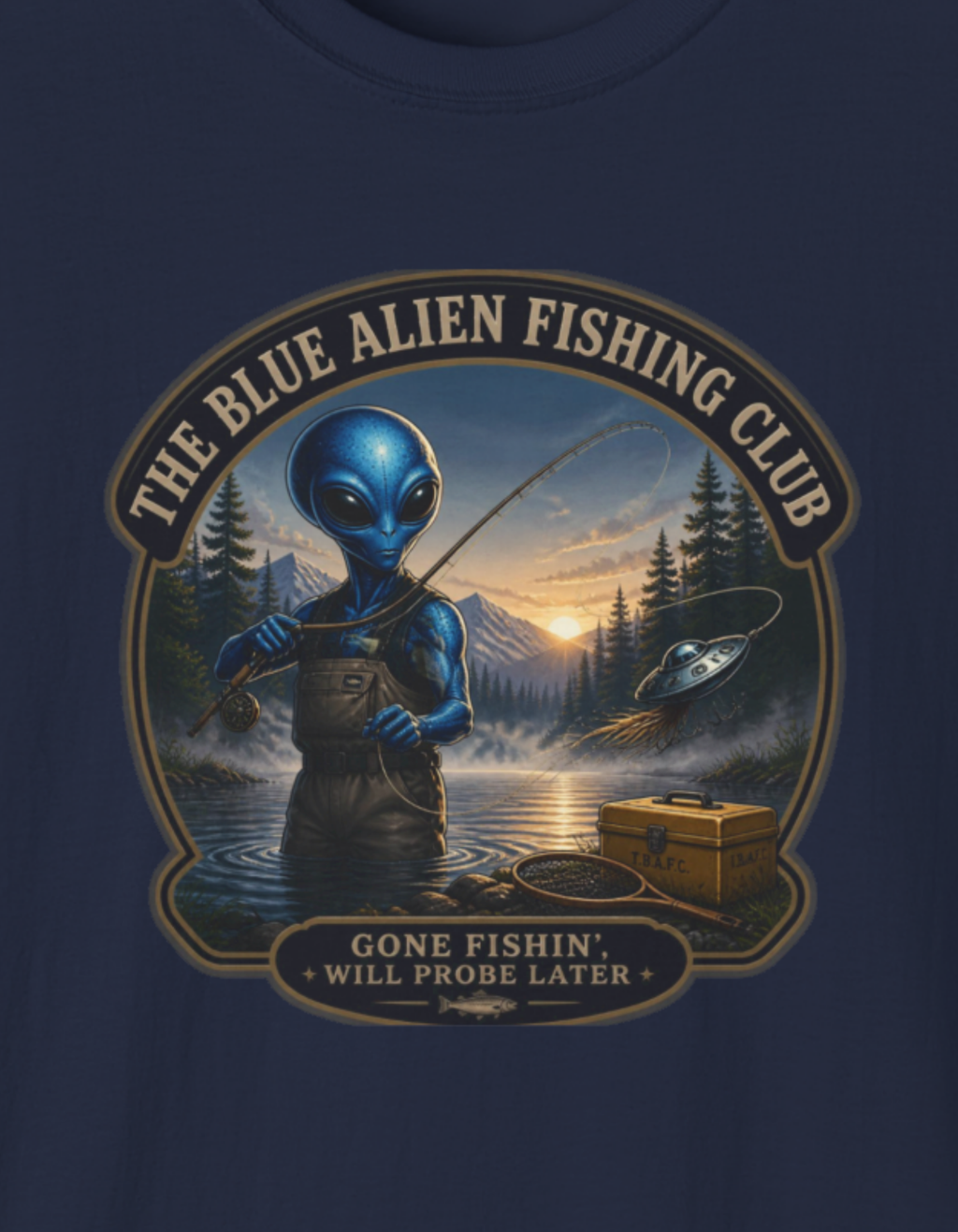 Blue Alien Fishing Club T-Shirt – Retro Sci‑Fi Fishing Graphic Tee