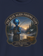 Blue Alien Fishing Club T-Shirt – Retro Sci‑Fi Fishing Graphic Tee