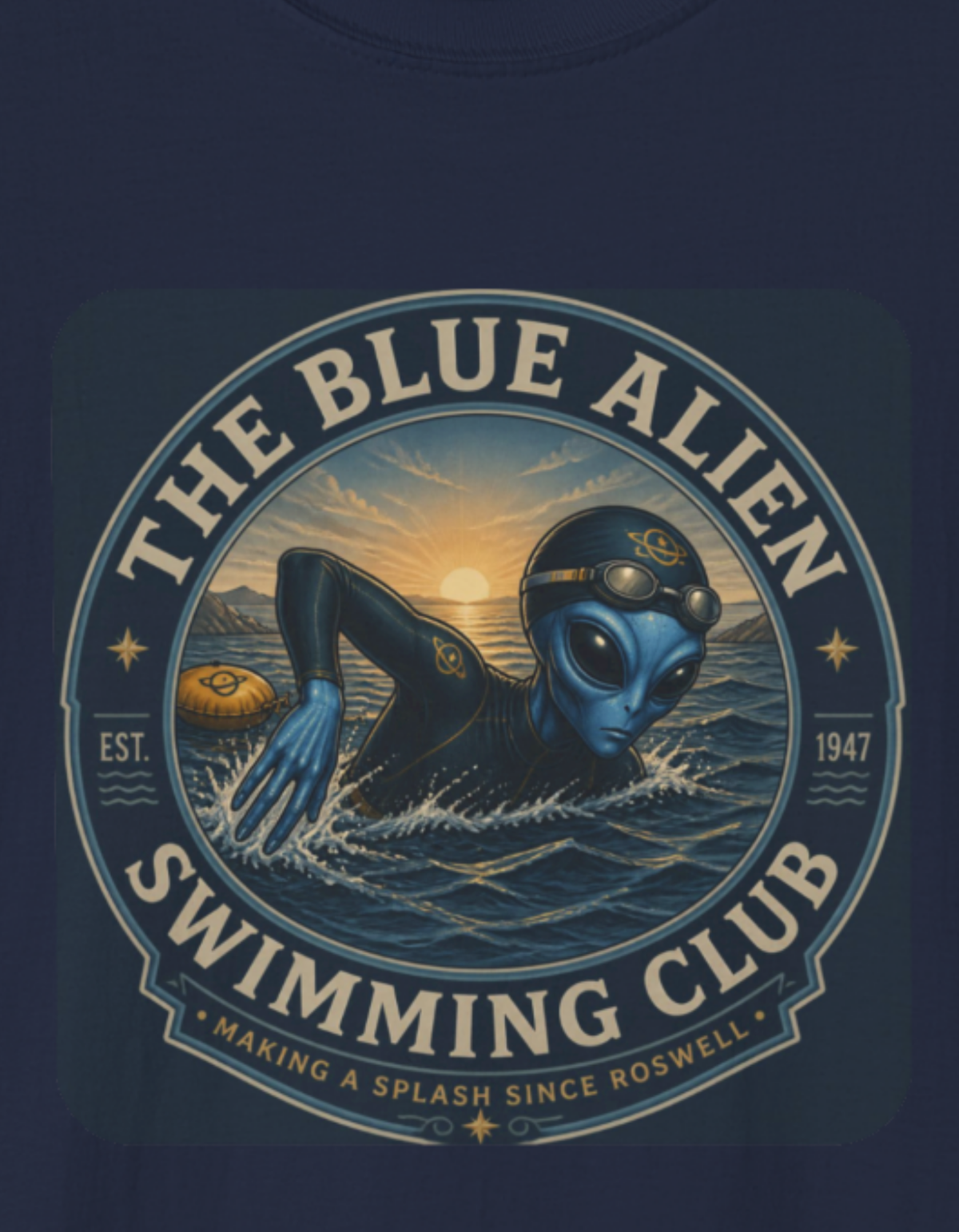 The Blue Alien Swimming Club T-Shirt — Retro Sci‑Fi Swim Tee
