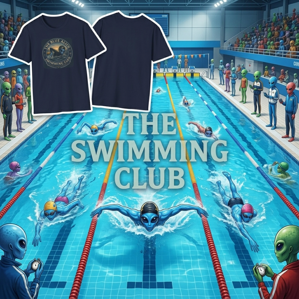 The Blue Alien Swimming Club T-Shirt — Retro Sci‑Fi Swim Tee