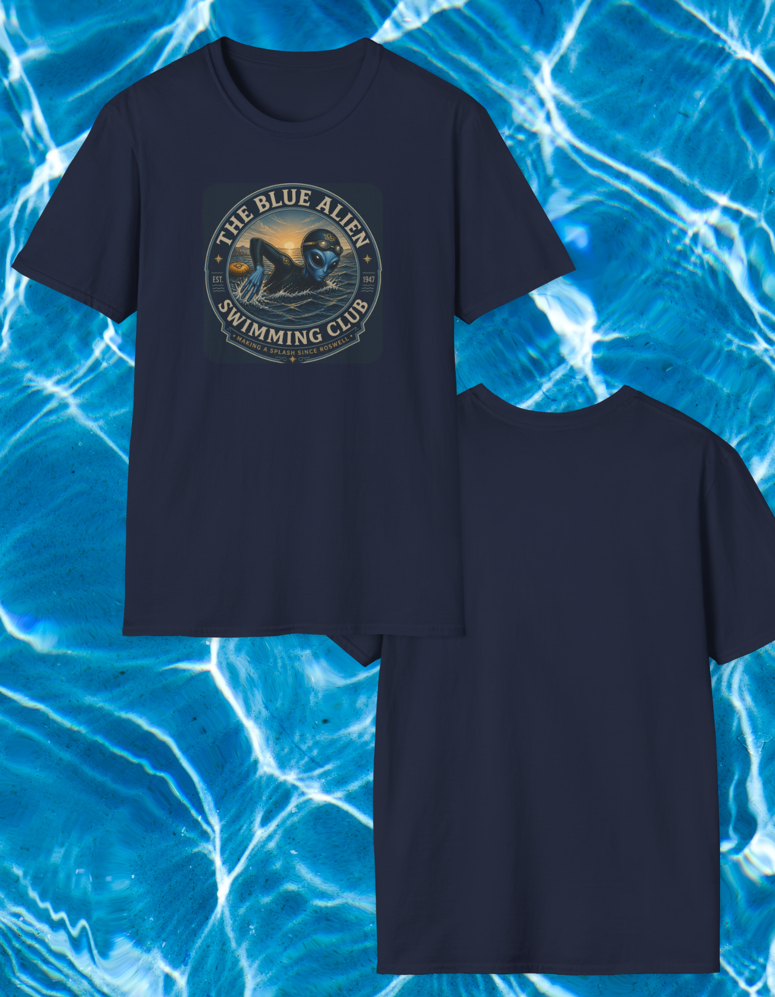 The Blue Alien Swimming Club T-Shirt — Retro Sci‑Fi Swim Tee