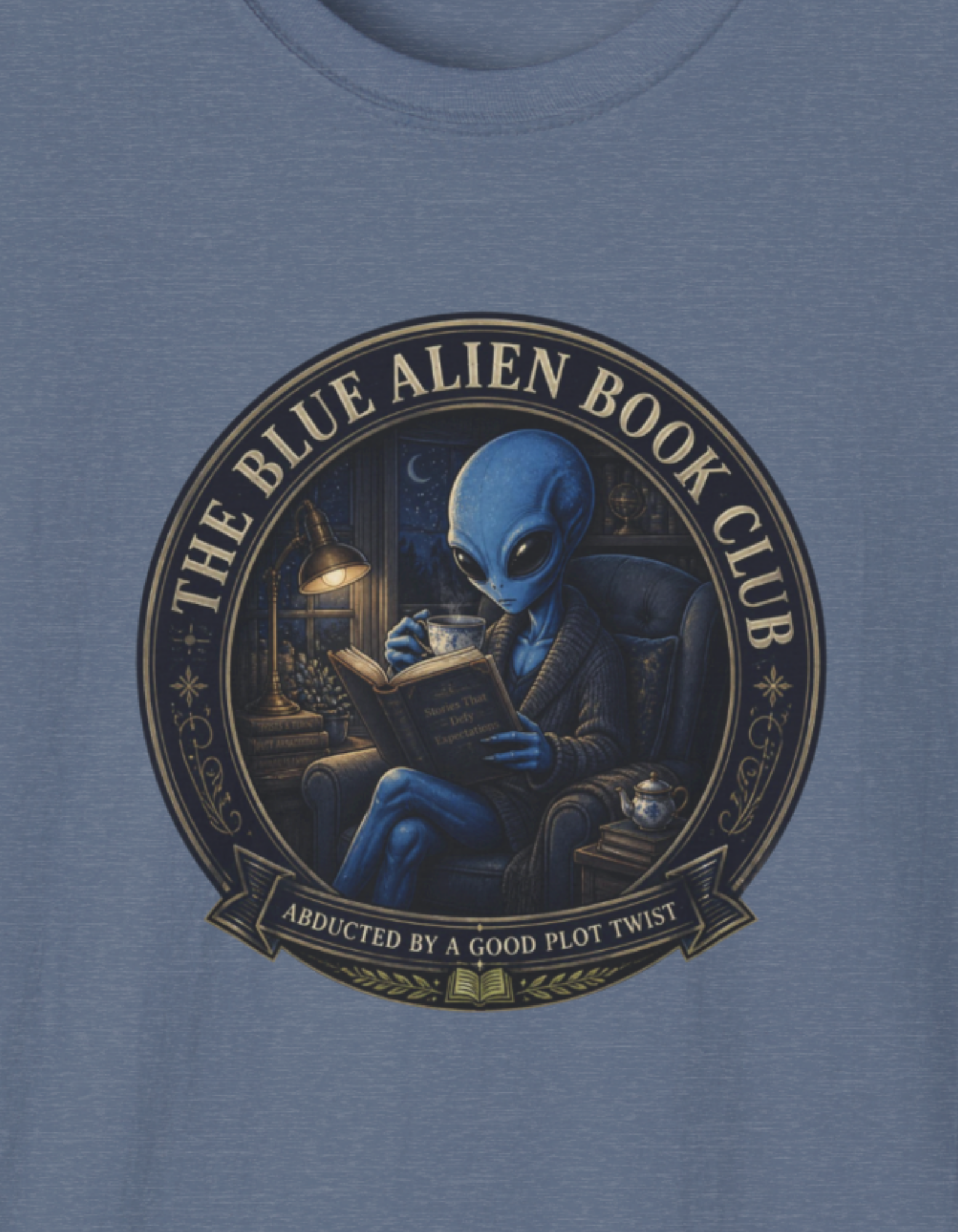 The Blue Alien Book Club T-Shirt — Cute Alien Reading Graphic Tee for Book Lovers