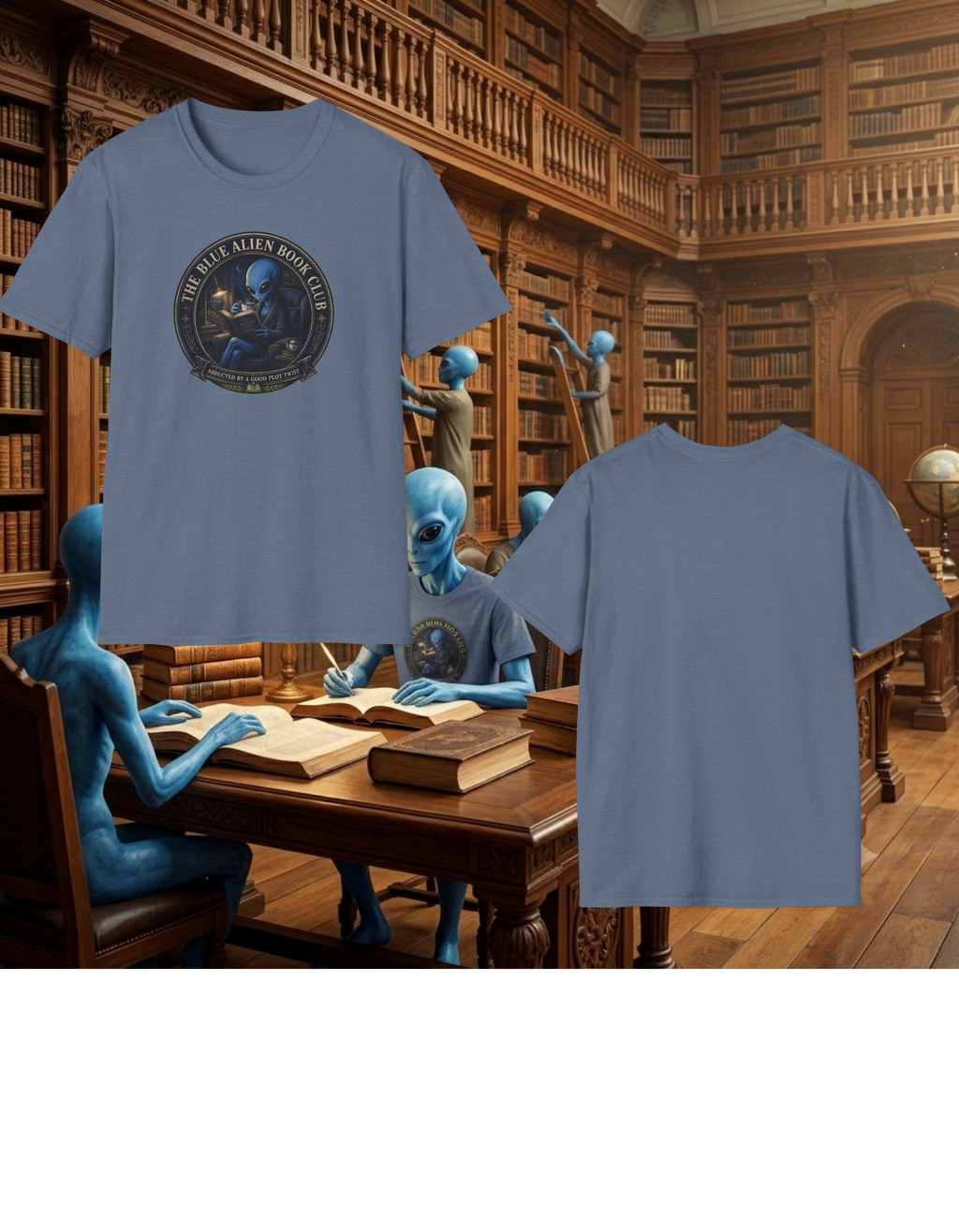 The Blue Alien Book Club T-Shirt — Cute Alien Reading Graphic Tee for Book Lovers