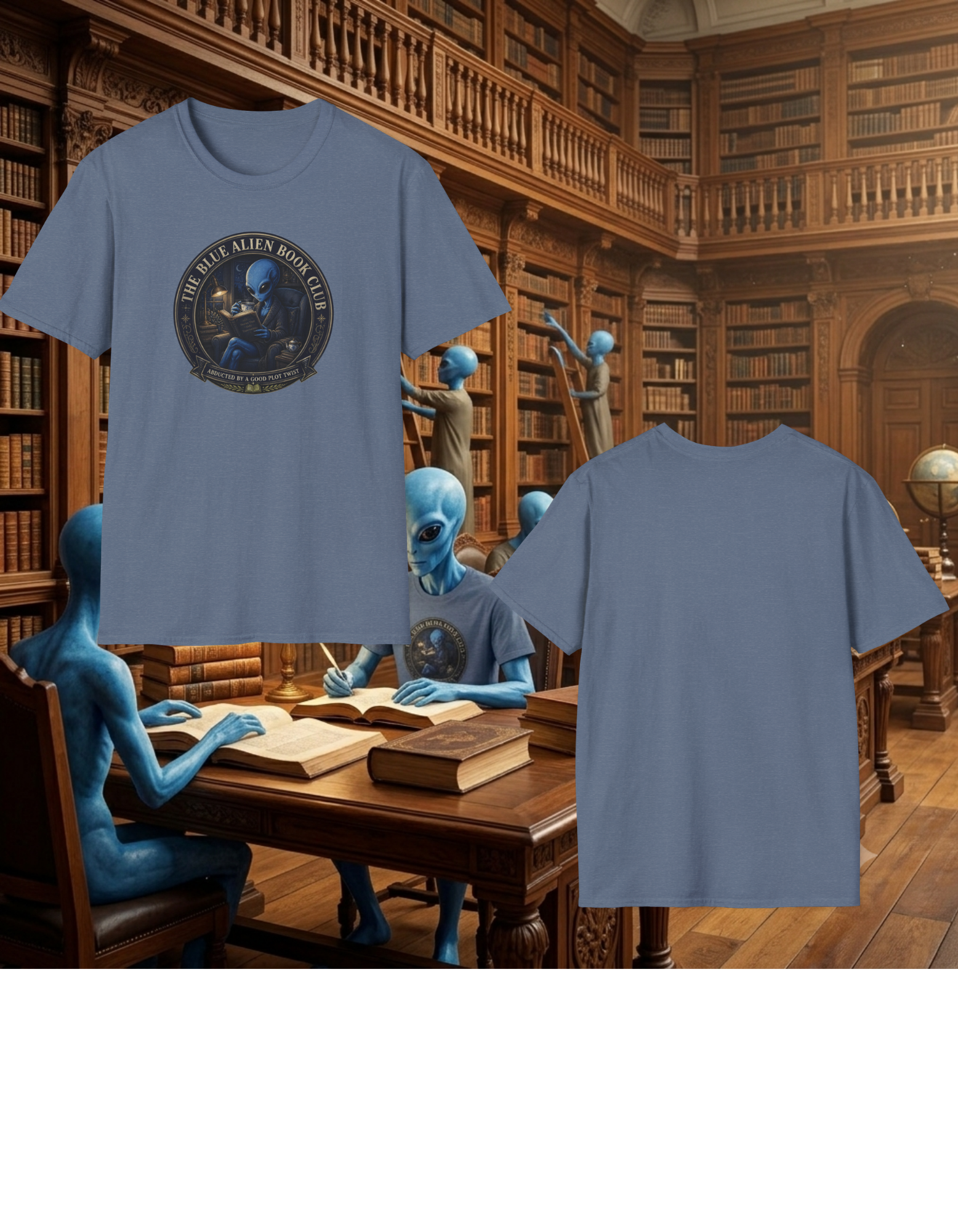 The Blue Alien Book Club T-Shirt — Cute Alien Reading Graphic Tee for Book Lovers