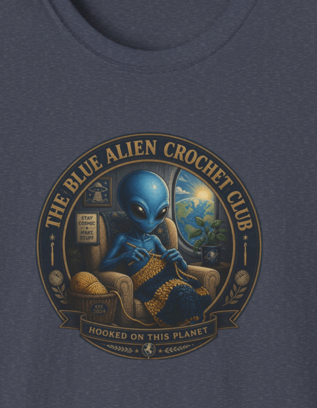 Alien Crochet Club T‑Shirt — “The Blue Alien Crochet Club” Graphic Tee