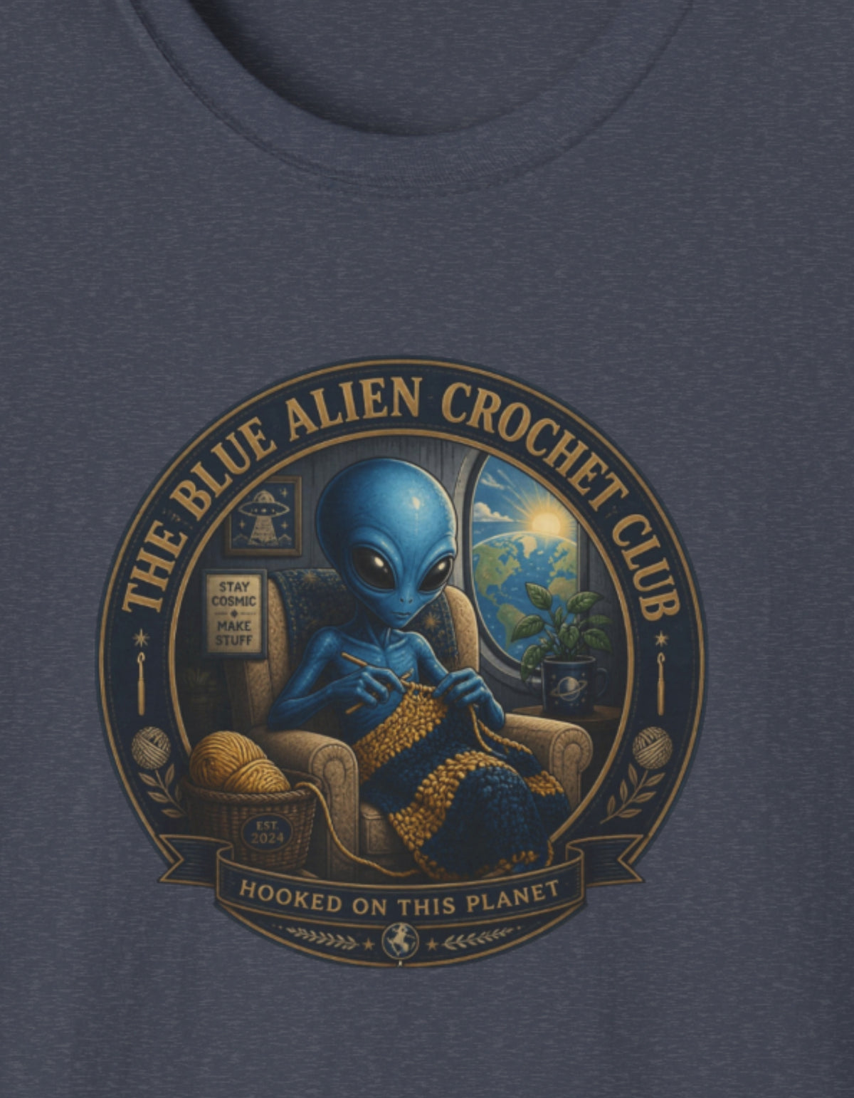 Alien Crochet Club T‑Shirt — “The Blue Alien Crochet Club” Graphic Tee