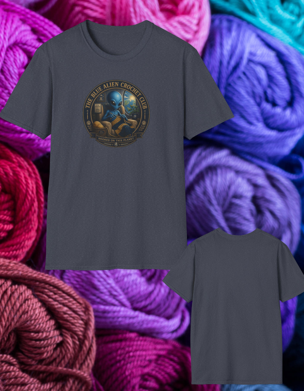Alien Crochet Club T‑Shirt — “The Blue Alien Crochet Club” Graphic Tee