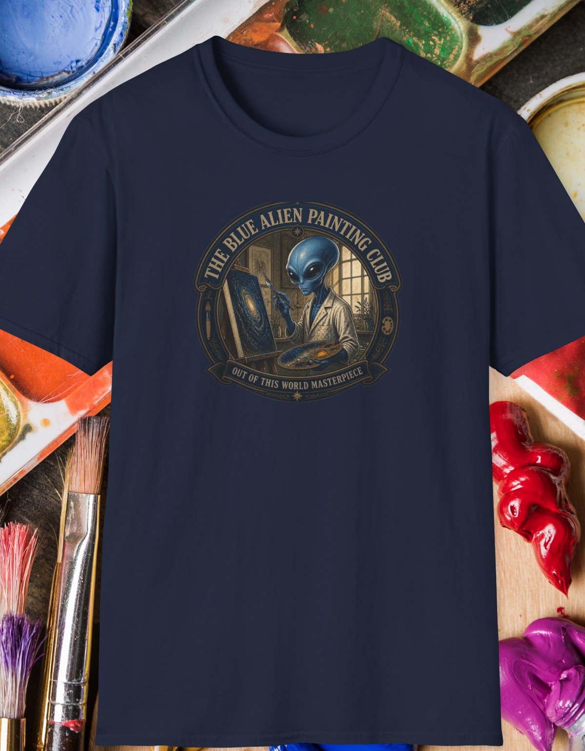 Alien Painting Club T‑Shirt — "The Blue Alien Painting Club" Art Tee