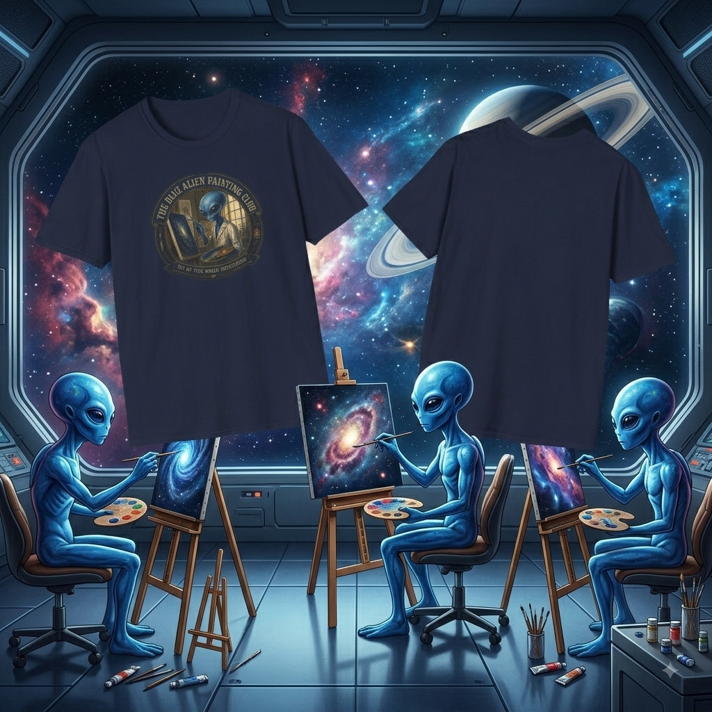 Alien Painting Club T‑Shirt — "The Blue Alien Painting Club" Art Tee