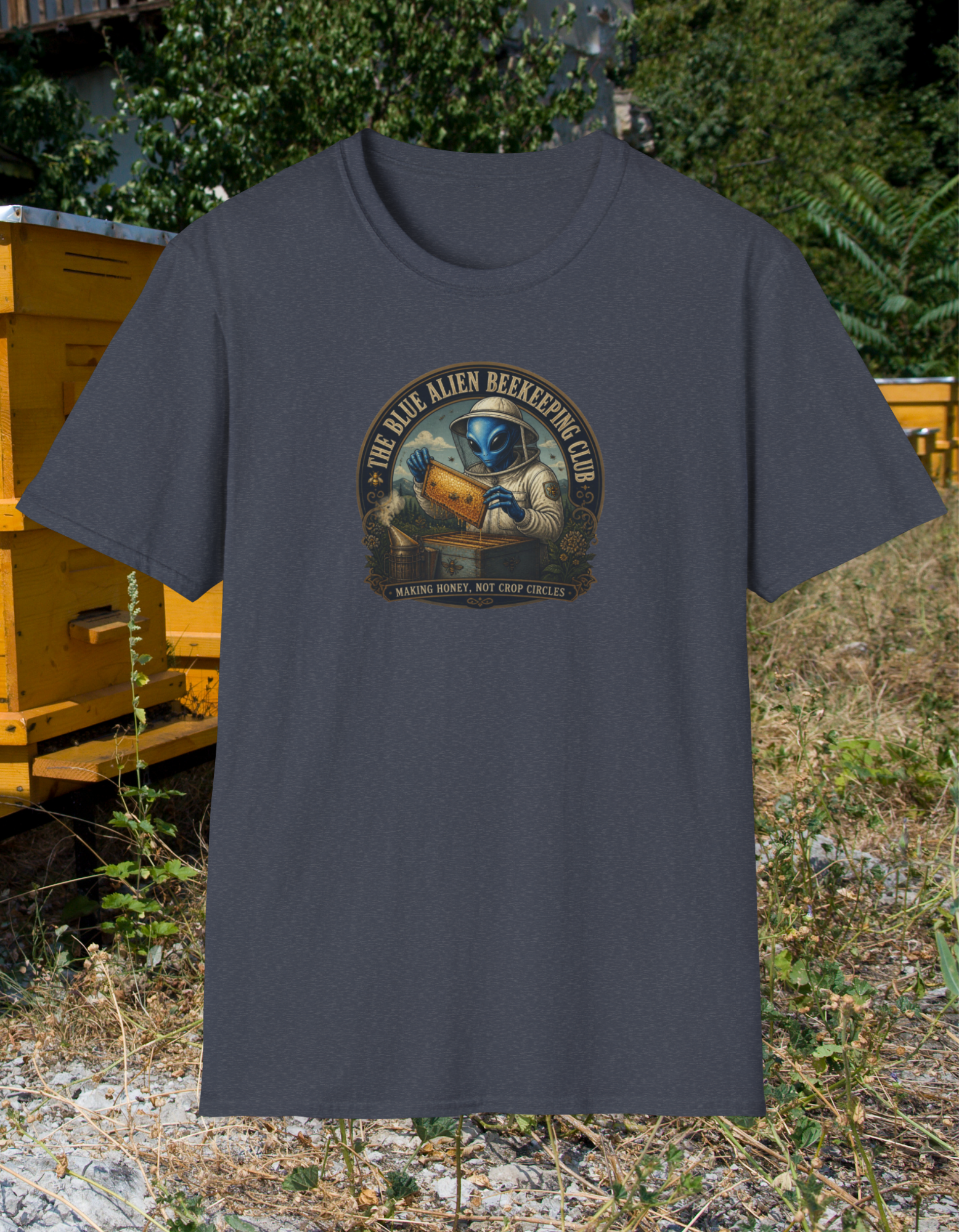 The Blue Alien Beekeeping Club T-Shirt — "Making Honey, Not Crop Circles"