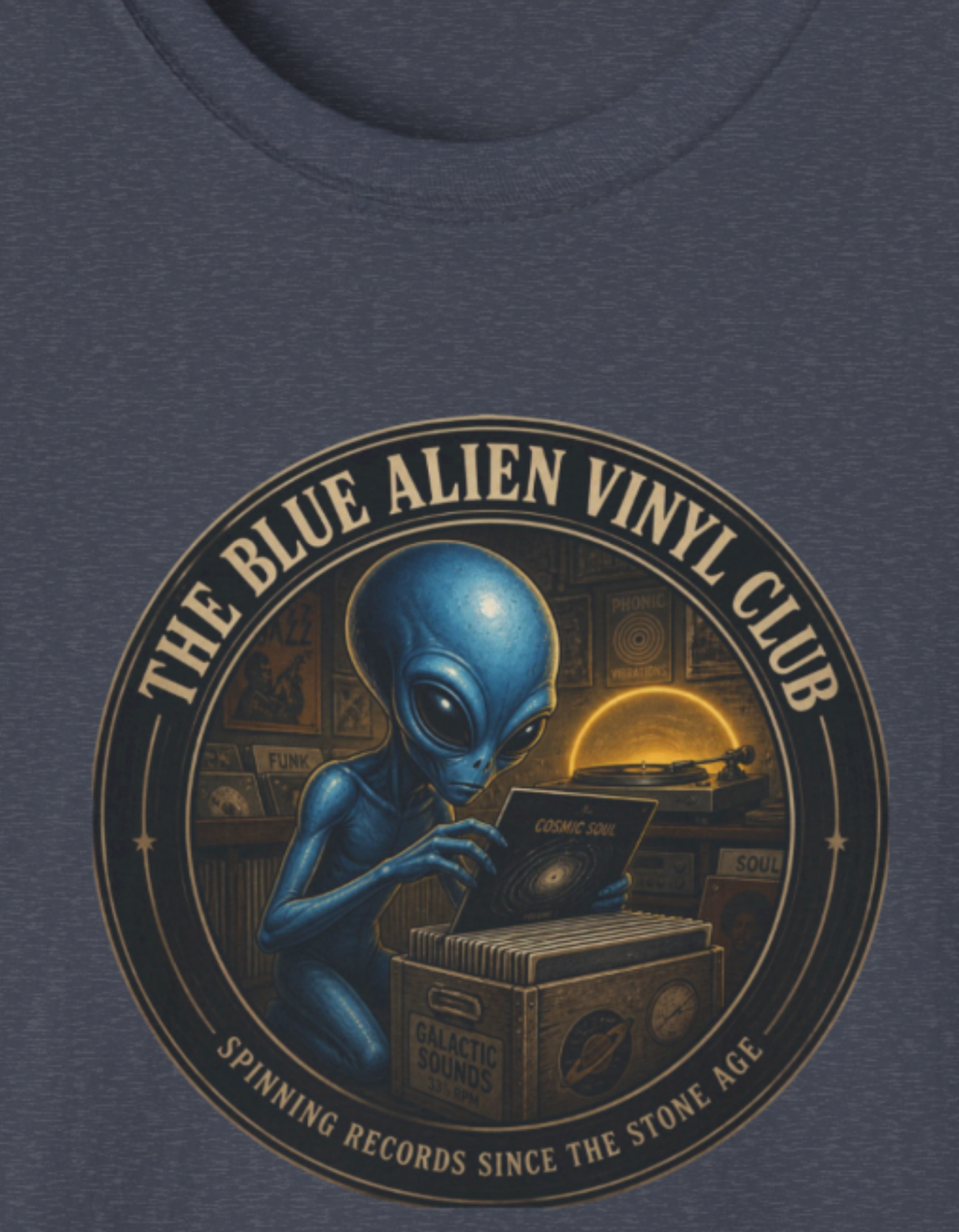 Alien Vinyl Club T‑Shirt — "The Blue Alien Vinyl Club" Retro DJ Records Tee