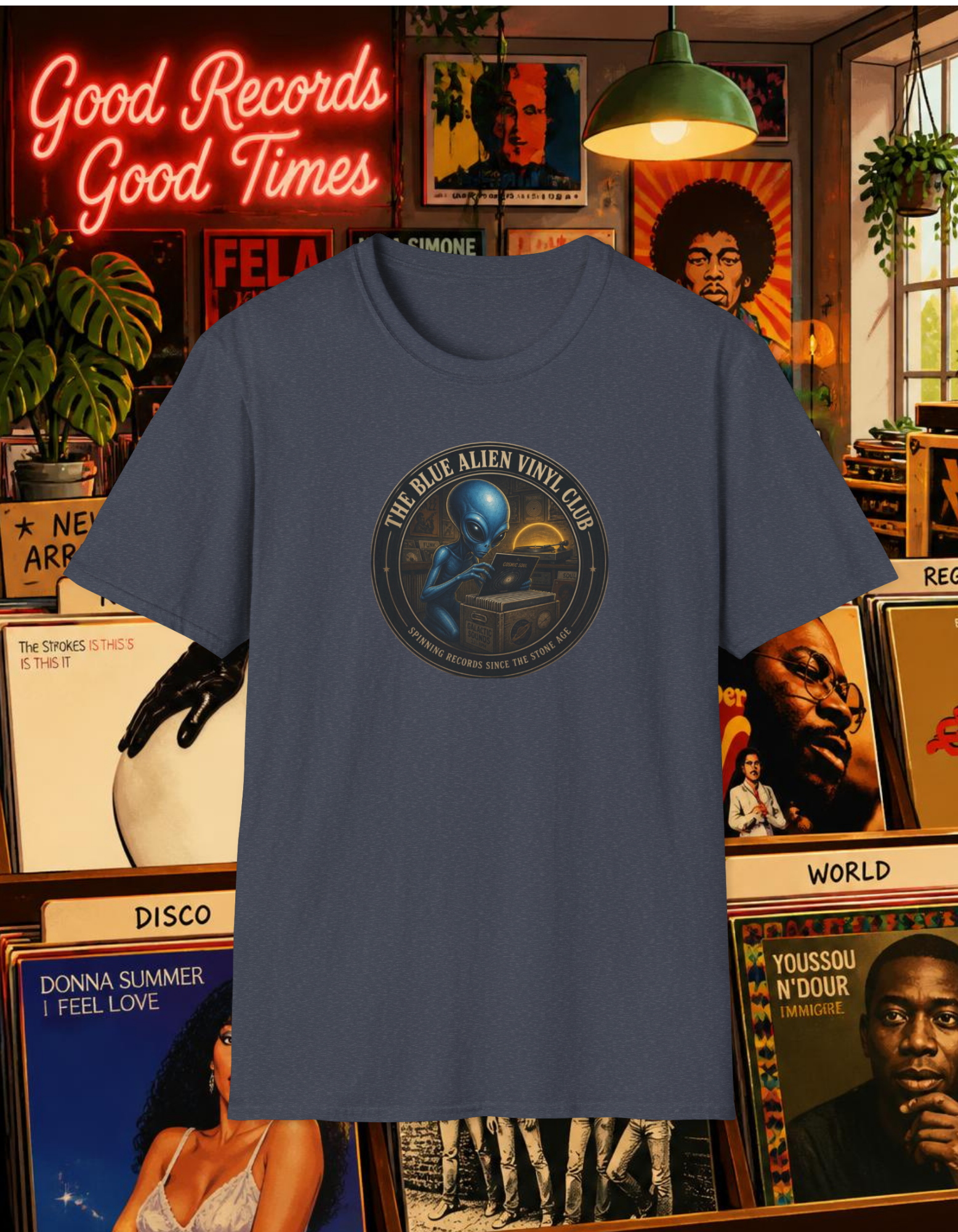 Alien Vinyl Club T‑Shirt — "The Blue Alien Vinyl Club" Retro DJ Records Tee