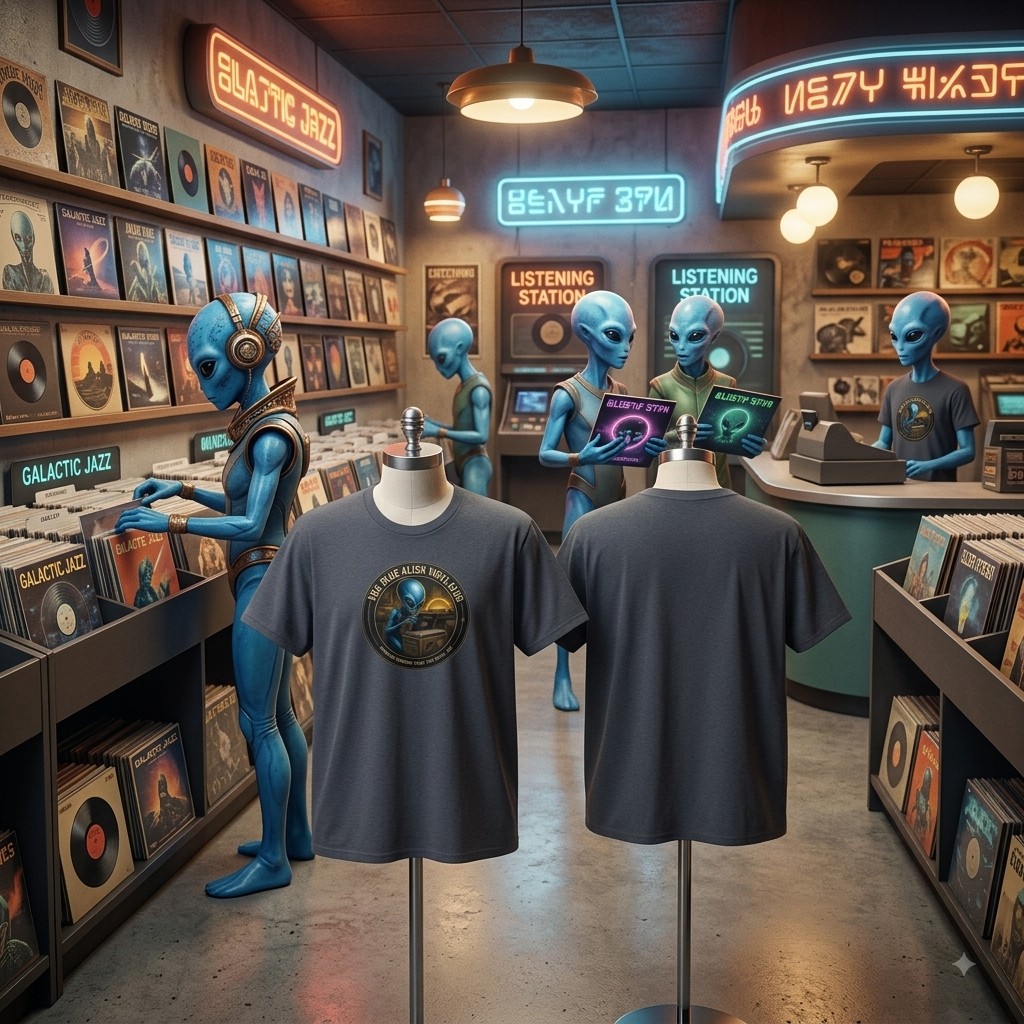 Alien Vinyl Club T‑Shirt — "The Blue Alien Vinyl Club" Retro DJ Records Tee