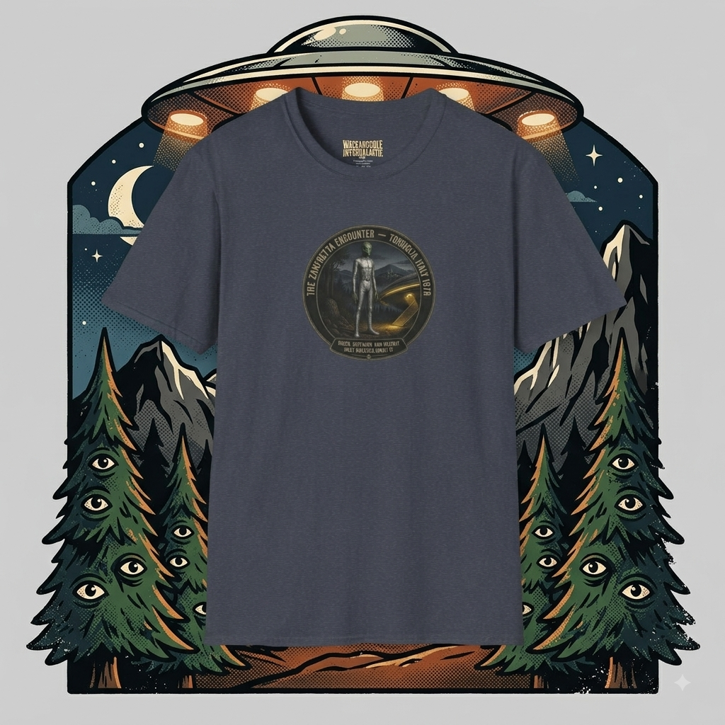 The Zanfretta Encounter Graphic T-Shirt — Retro Sci‑Fi Space Explorer Tee