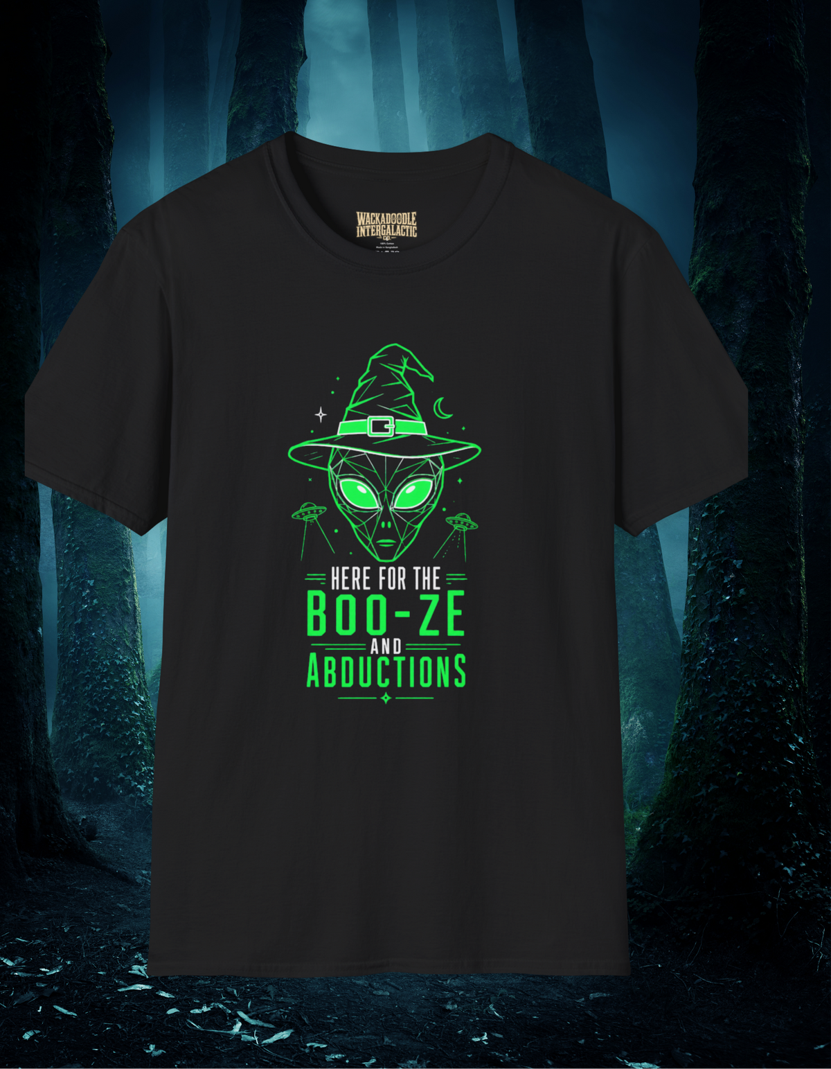 Alien Witch T-Shirt — "Boo-ze Abductions" Neon Graphic Tee