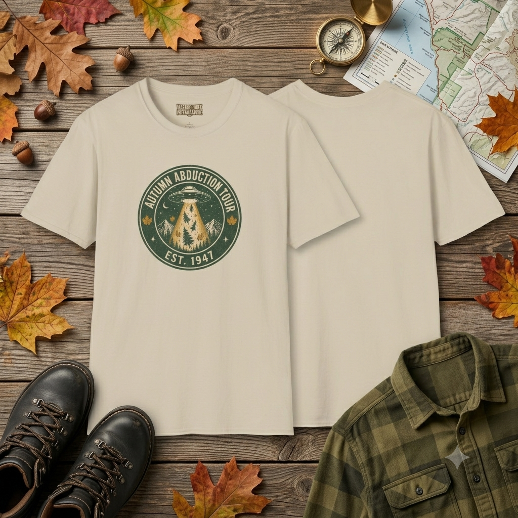 Autumn Abduction Tour T-Shirt — Vintage UFO & Forest Fall Graphic Tee
