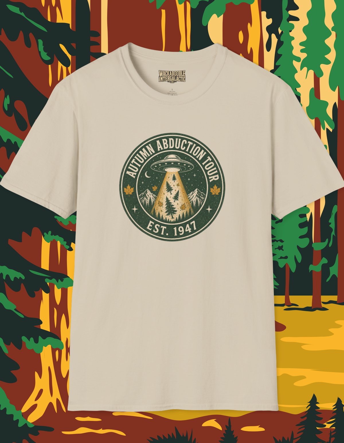 Autumn Abduction Tour T-Shirt — Vintage UFO & Forest Fall Graphic Tee