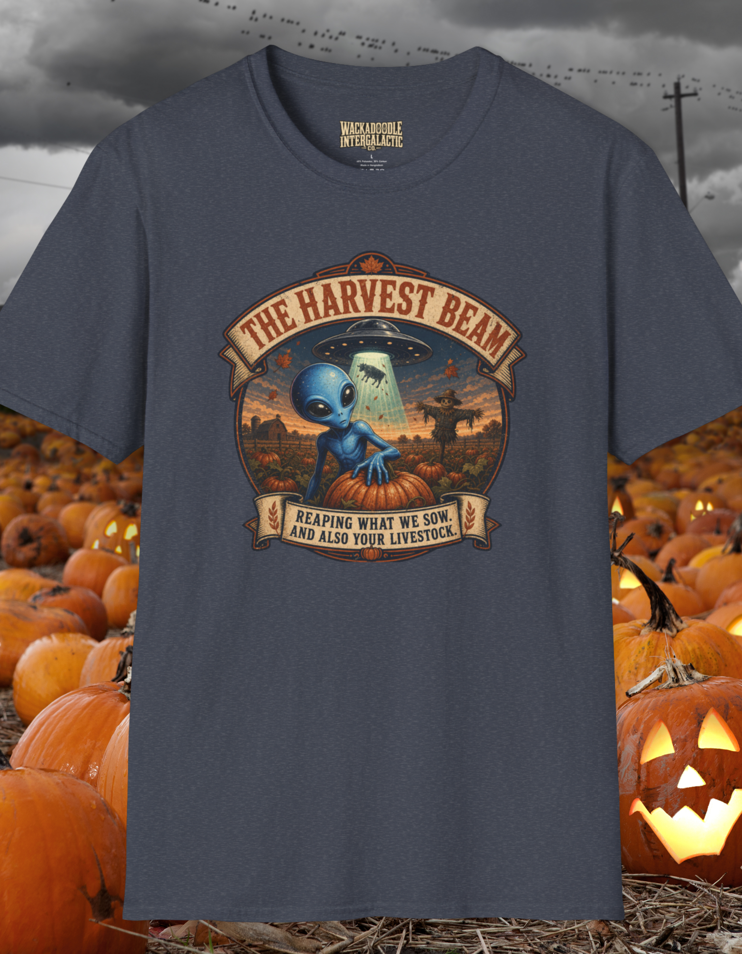 Alien Harvest T-Shirt — "The Harvest Beam" Retro UFO Graphic Tee