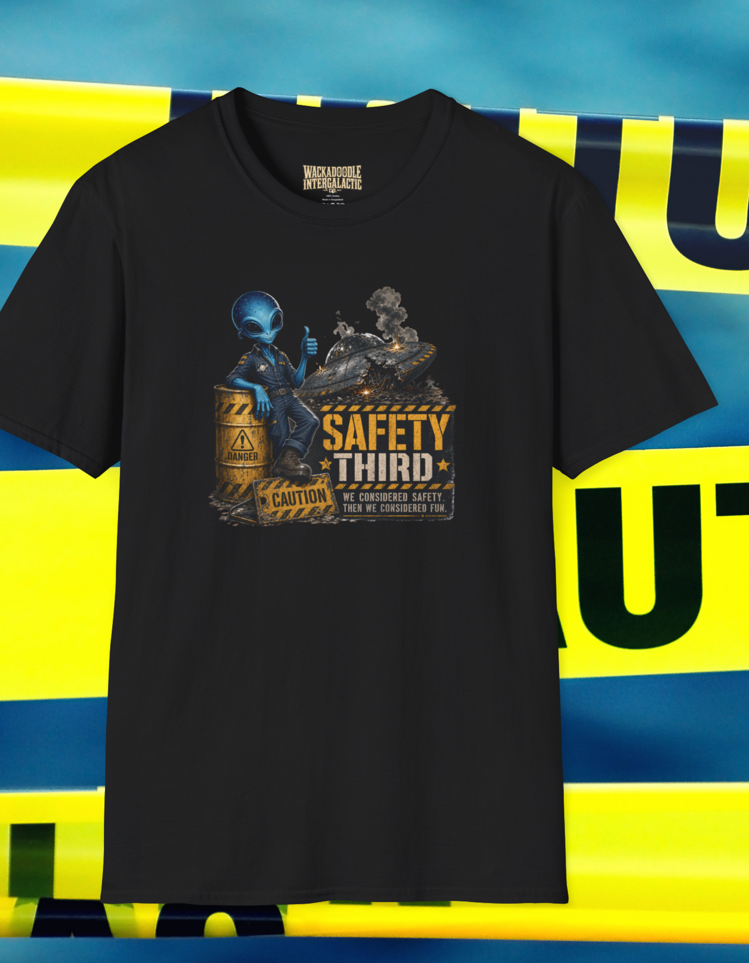 Safety Third T‑Shirt — Funny Alien Mechanic Graphic Tee