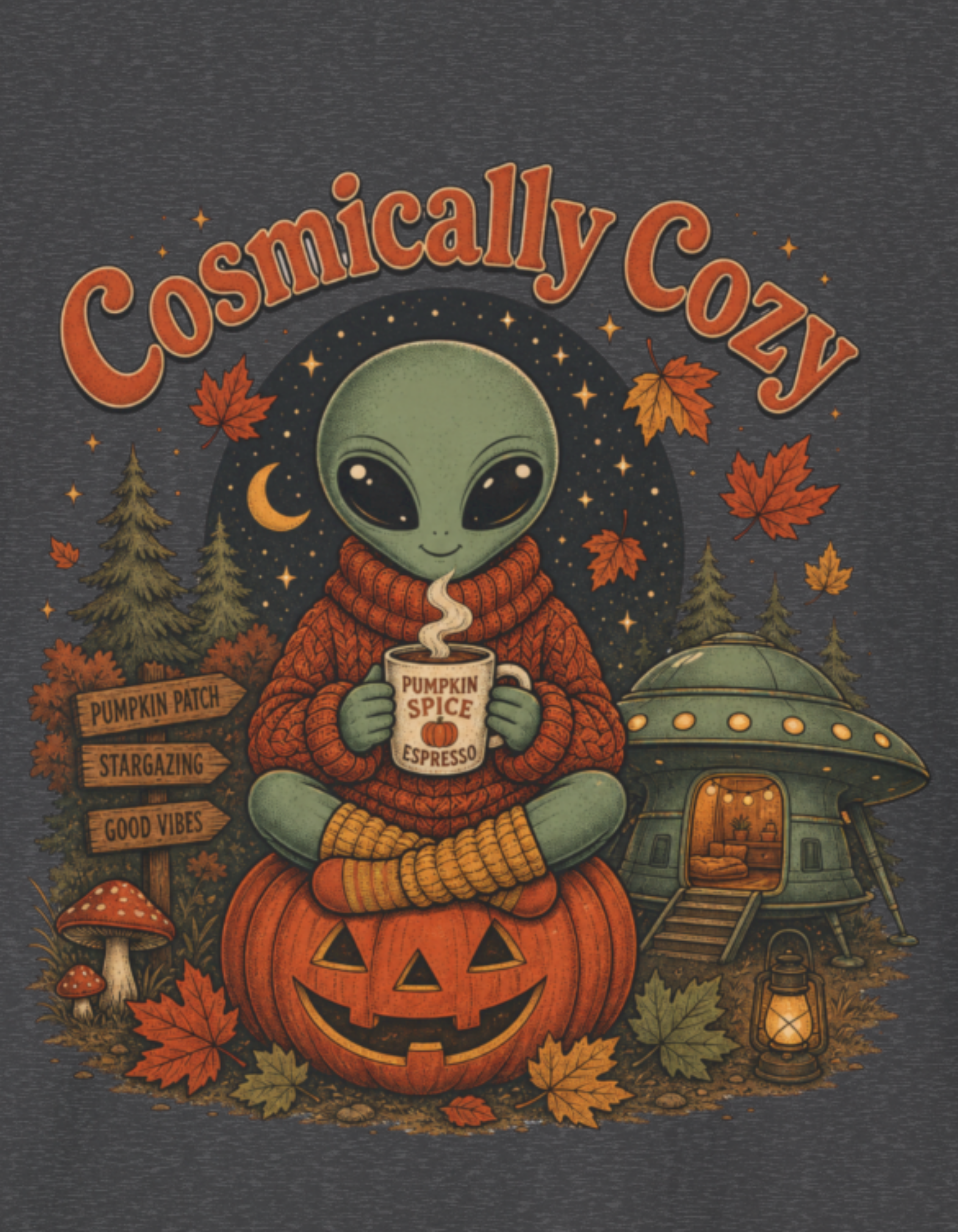 Cosmically Cozy Alien T-Shirt — Cute Halloween Fall Graphic Tee