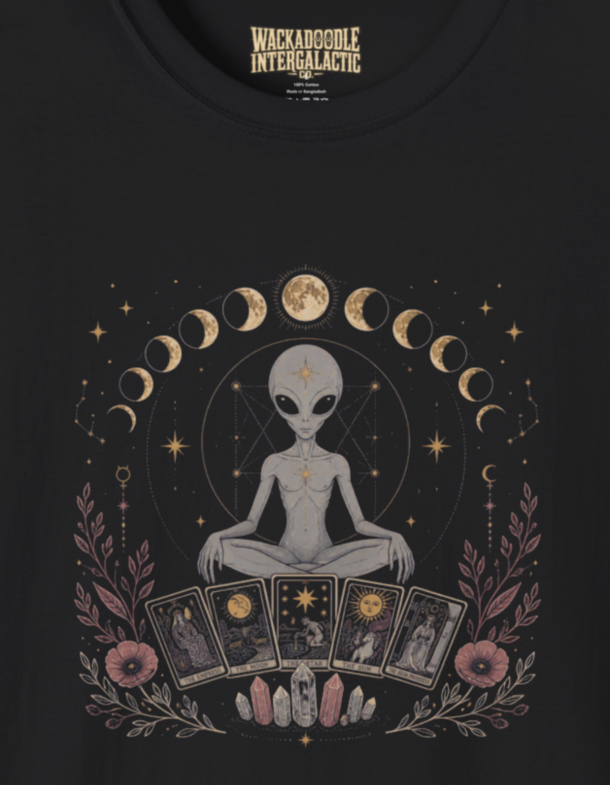 Alien Meditation Moon Phases T-Shirt — Cosmic Spiritual Yoga Tee