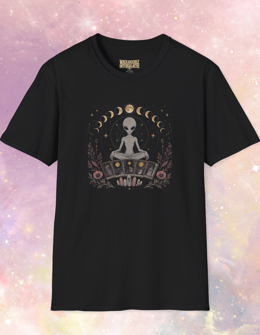 Alien Meditation Moon Phases T-Shirt — Cosmic Spiritual Yoga Tee