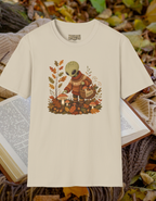 Alien Harvest T‑Shirt — Cute Space Creature in Cozy Sweater Picking Mushrooms (Fall Graphic)