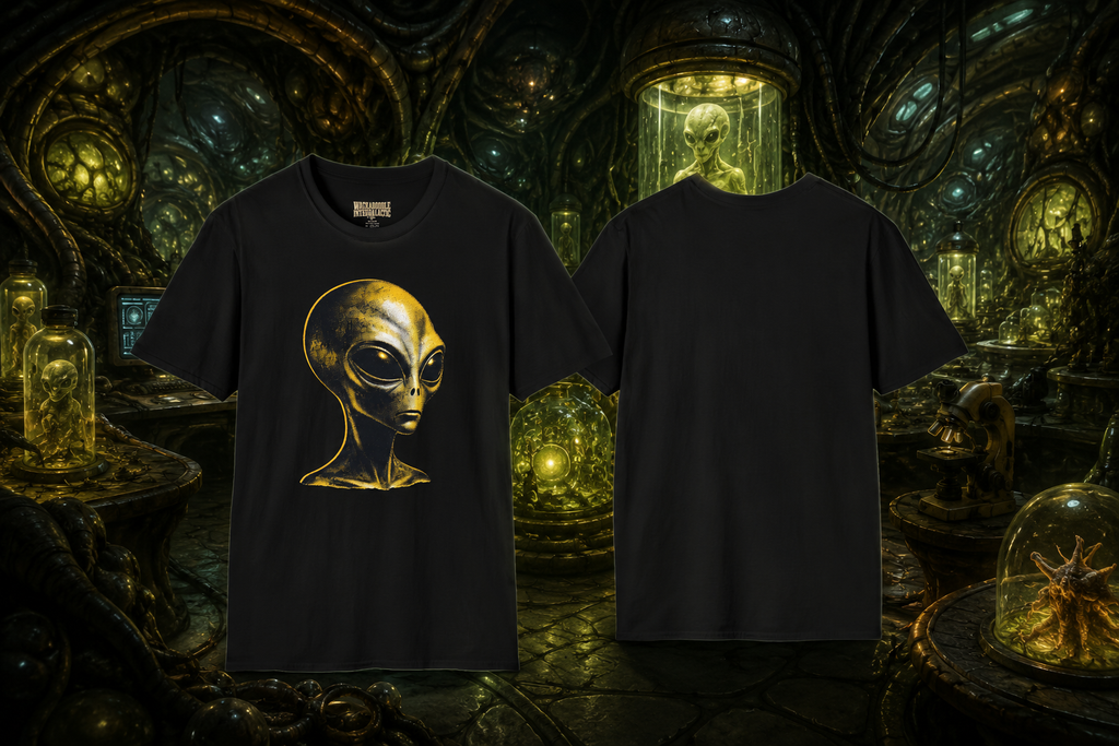 Alien Portrait T-Shirt — Retro Gold Extraterrestrial Graphic Tee