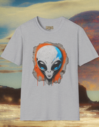 Alien Head Graphic T-Shirt — Retro Orange & Blue UFO Art