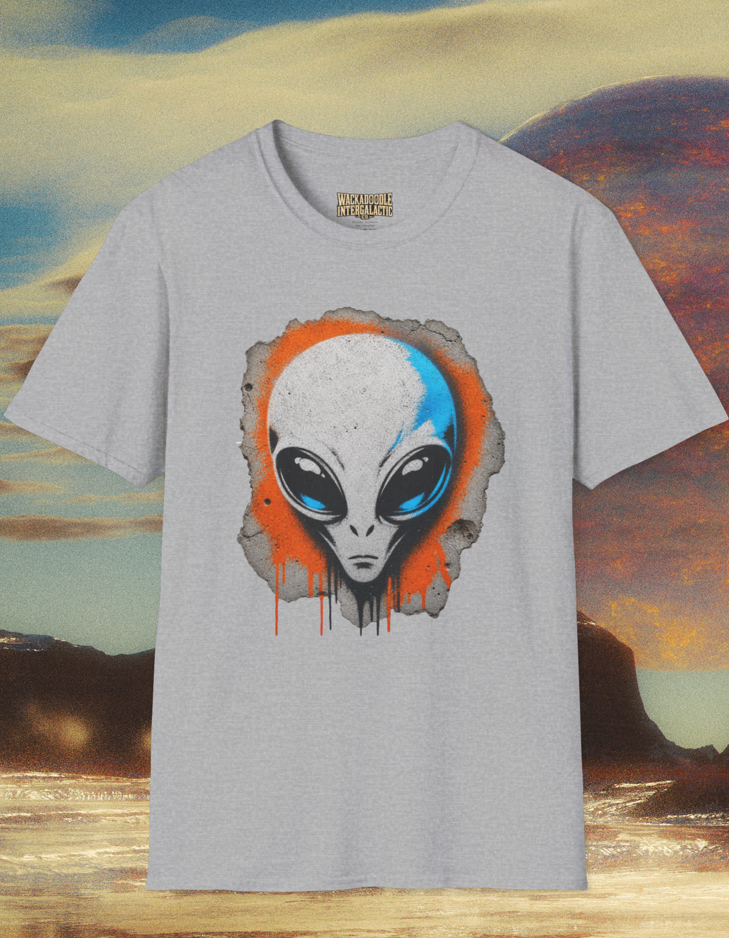 Alien Head Graphic T-Shirt — Retro Orange & Blue UFO Art