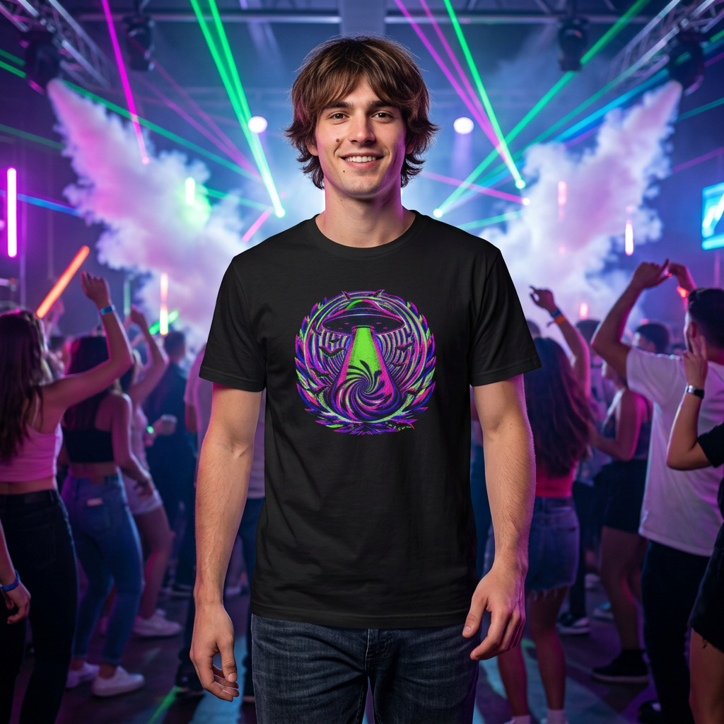 Psychedelic Alien Abduction T-Shirt — Neon Trippy UFO Design