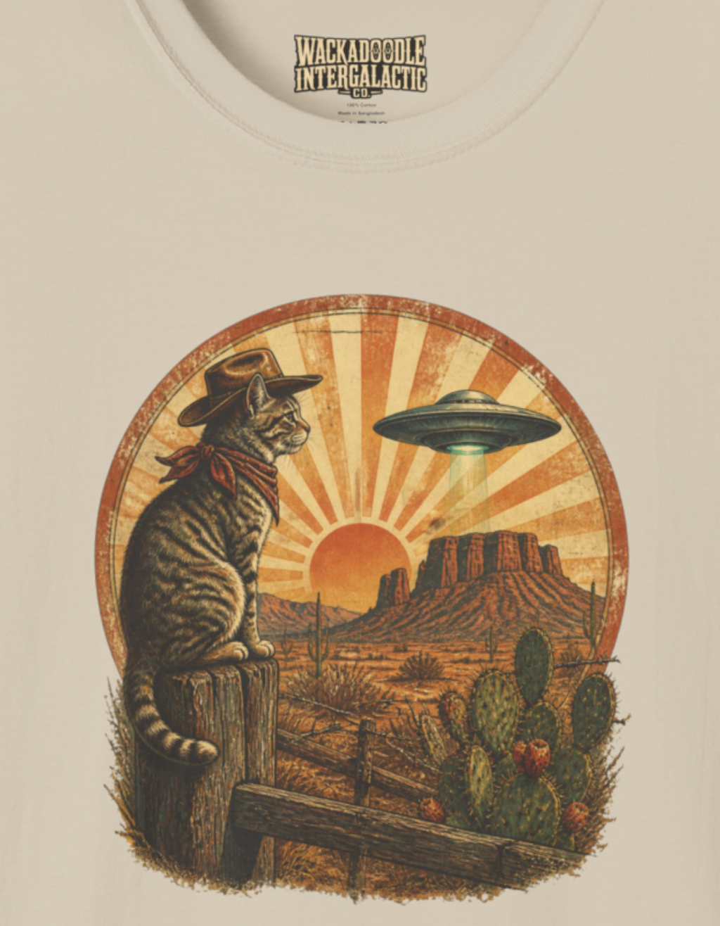 Alien Desert Cat T-Shirt — Retro UFO Sunset Graphic