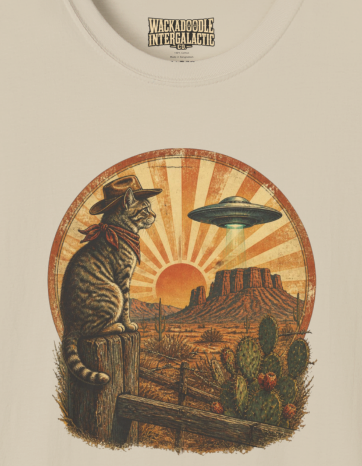 Alien Desert Cat T-Shirt — Retro UFO Sunset Graphic