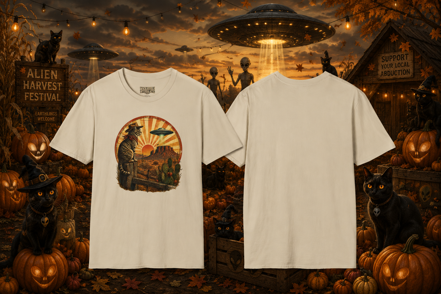 Alien Desert Cat T-Shirt — Retro UFO Sunset Graphic