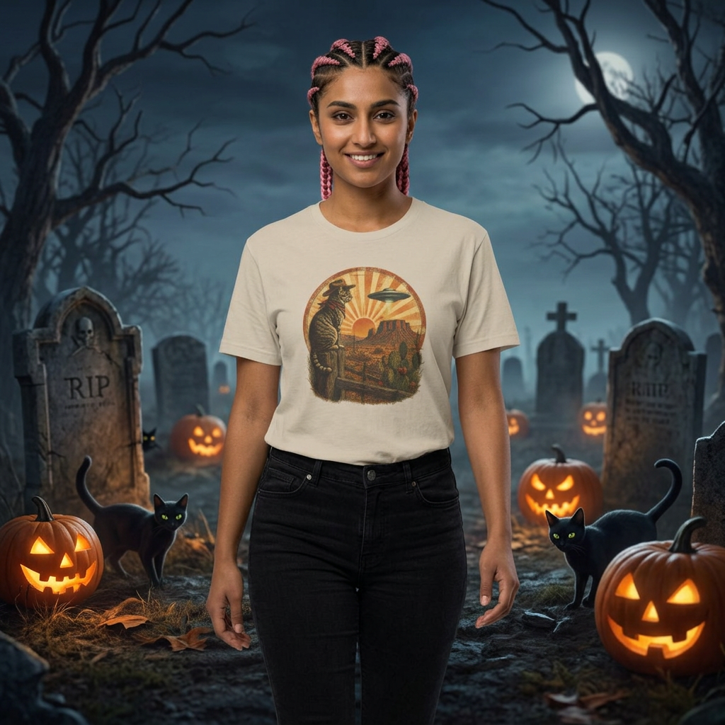 Alien Desert Cat T-Shirt — Retro UFO Sunset Graphic
