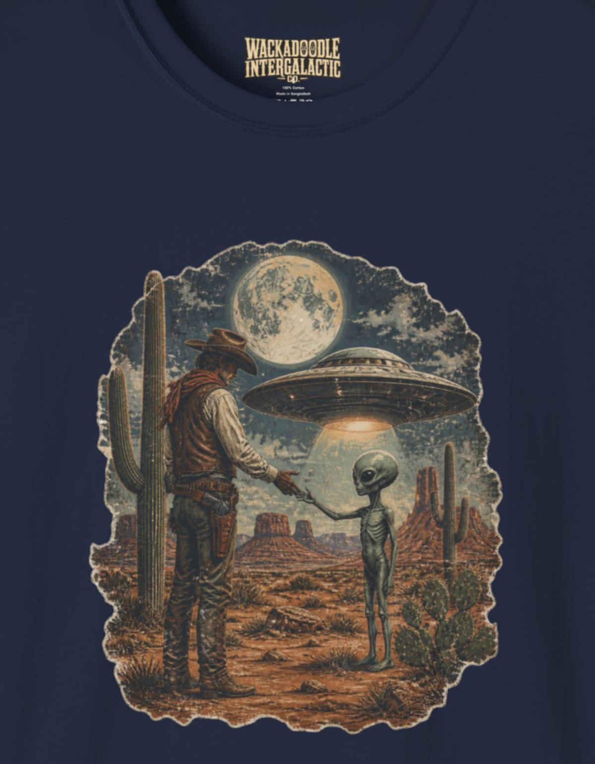 Alien Encounter T-Shirt — Retro UFO Western Moon Graphic Tee