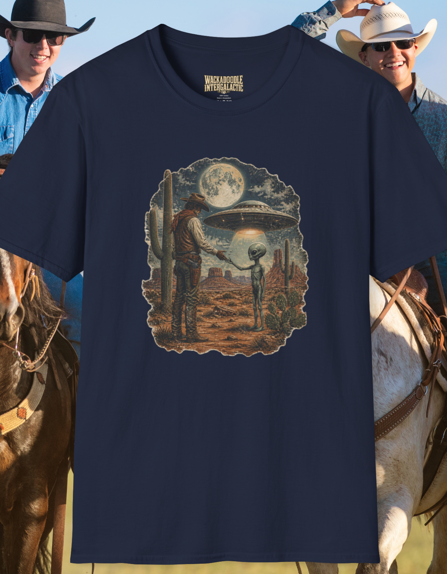 Alien Encounter T-Shirt — Retro UFO Western Moon Graphic Tee