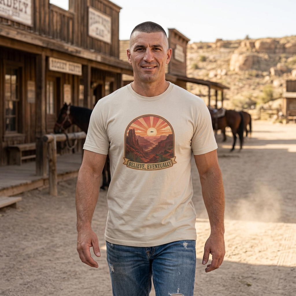 T-Shirt — Retro Desert Sunset "Believe, Eventually" Graphic