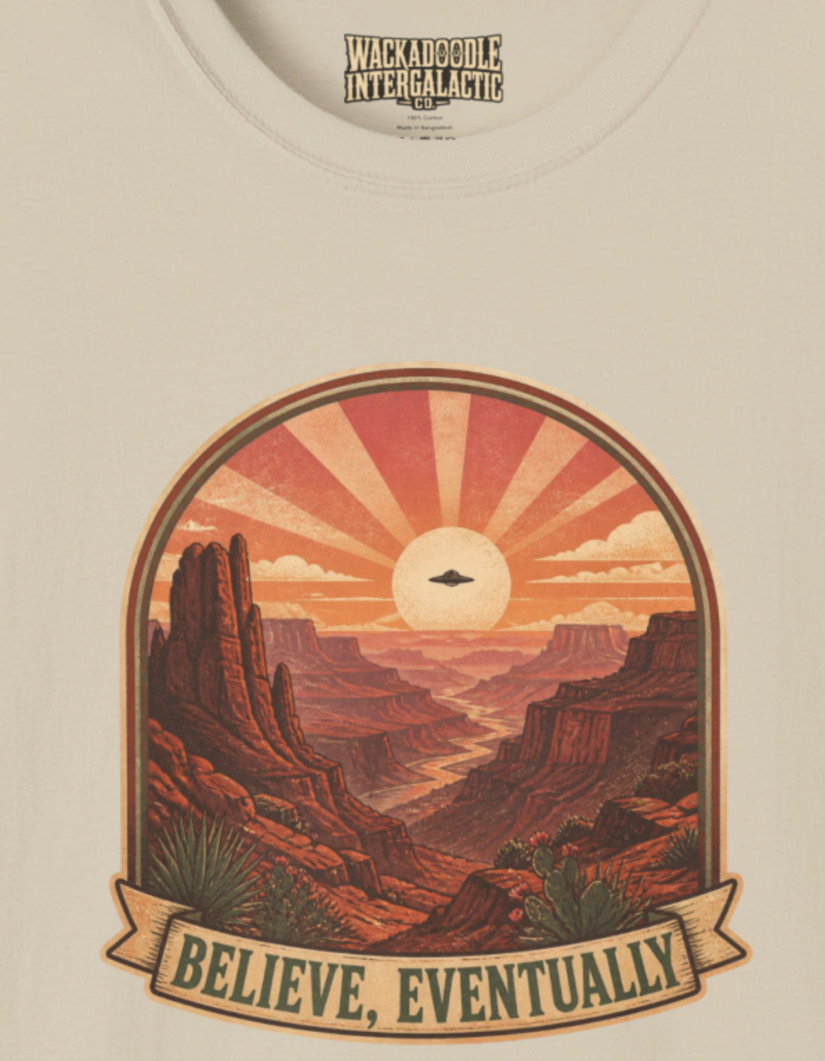 T-Shirt — Retro Desert Sunset "Believe, Eventually" Graphic