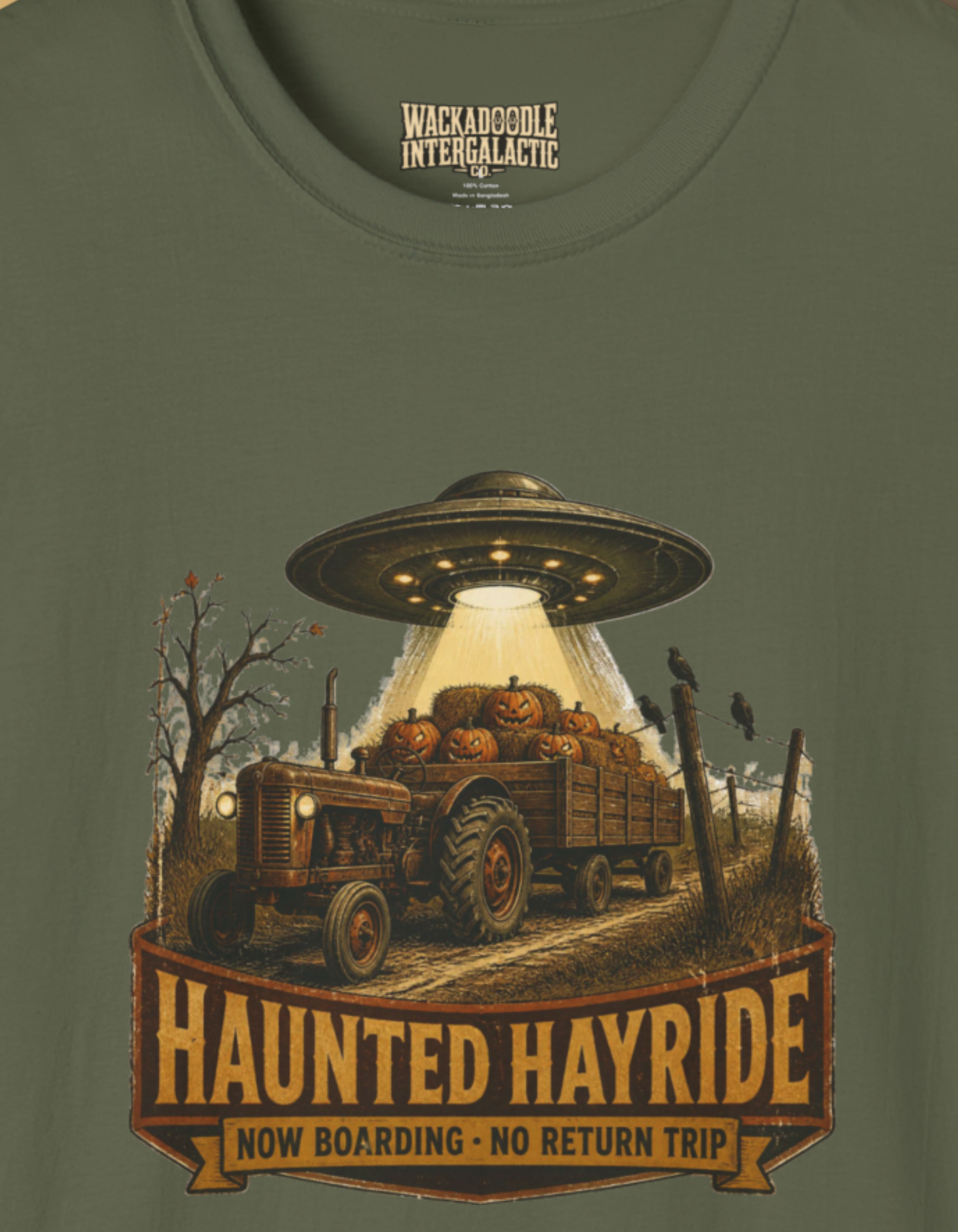 Haunted Hayride UFO T-Shirt — Halloween Tractor Abduction Graphic Tee